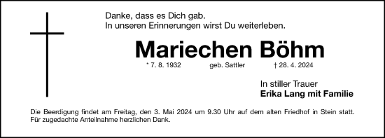 Traueranzeige von Mariechen Böhm von Gesamtausgabe Nürnberger Nachrichten/ Nürnberger Ztg.