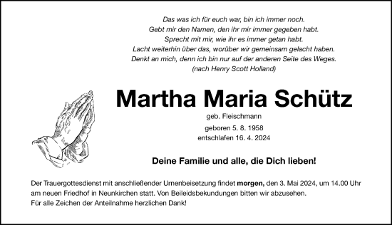 Traueranzeige von Martha Maria Schütz von Nordbayer. Nachrichten Forchheim/ Erlanger Nachrichten