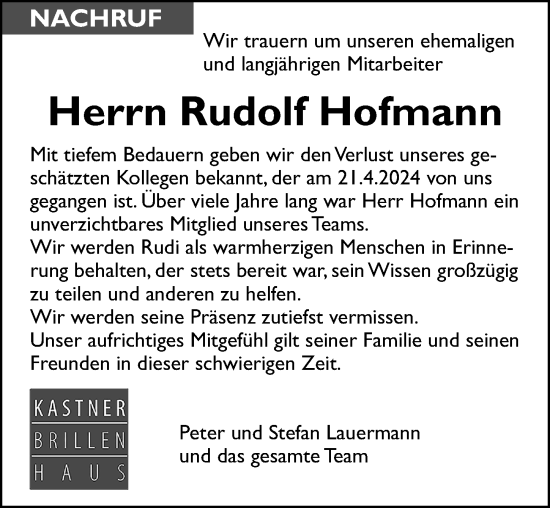 Traueranzeigen Von Rudolf Hofmann Trauer Nn De