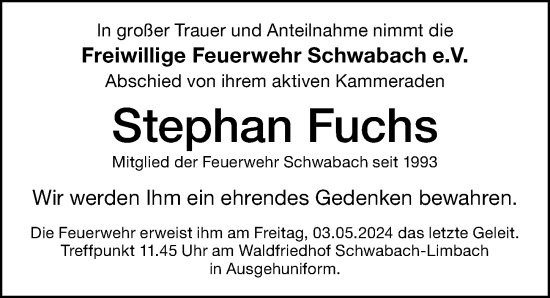 Traueranzeige von Stephan Fuchs von Schwabacher Tagblatt Lokal