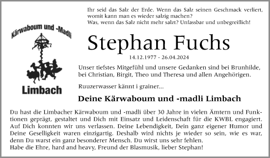 Traueranzeige von Stephan Fuchs von Schwabacher Tagblatt Lokal