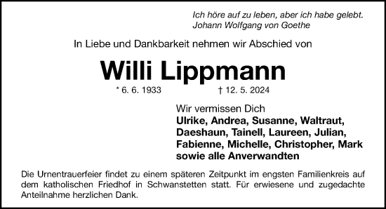 Traueranzeige von Willi Lippmann von Gesamtausgabe Nürnberger Nachrichten/ Nürnberger Ztg.