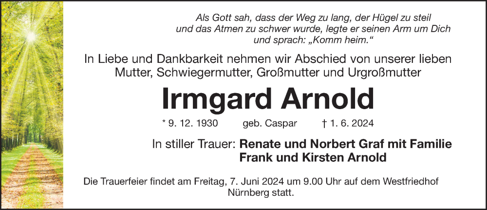 Traueranzeigen Von Irmgard Arnold Trauer Nn De