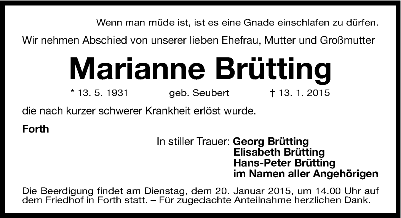  Traueranzeige für Marianne Brütting vom 17.01.2015 aus Gesamtausgabe Nürnberger Nachrichten/ Nürnberger Ztg.