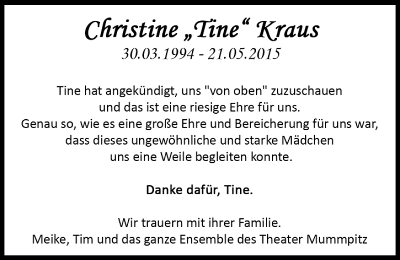  Traueranzeige für Christine  Kraus vom 23.05.2015 aus Gesamtausgabe Nürnberger Nachrichten/ Nürnberger Ztg.