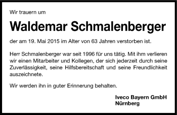 Traueranzeige von Waldemar Schmalenberger von Gesamtausgabe Nürnberger Nachrichten/ Nürnberger Ztg.