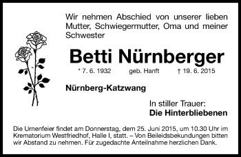 Traueranzeige von Betti Nürnberger von Gesamtausgabe Nürnberger Nachrichten/ Nürnberger Ztg.