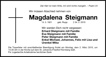 Traueranzeige von Magdalena Steigmann von Gesamtausgabe Nürnberger Nachrichten/ Nürnberger Ztg.