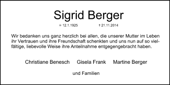 Traueranzeige von Sigrid Berger von Erlanger Nachrichten Lokal