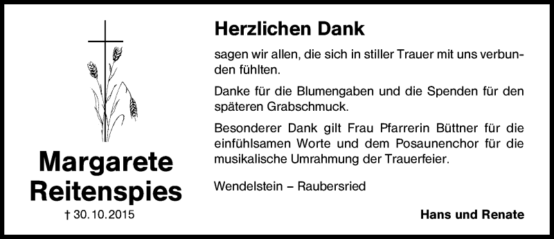  Traueranzeige für Margarete Reitenspies vom 14.11.2015 aus Schwabach