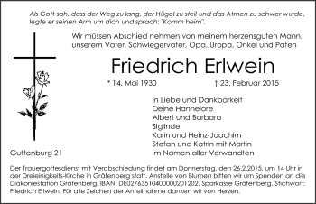 Traueranzeige von Friedrich Erlwein von Nordbayerische Nachrichten Forchheim Lokal