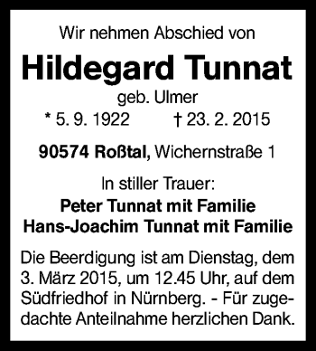 Traueranzeige von Hildegard Tunnat von Schwabach