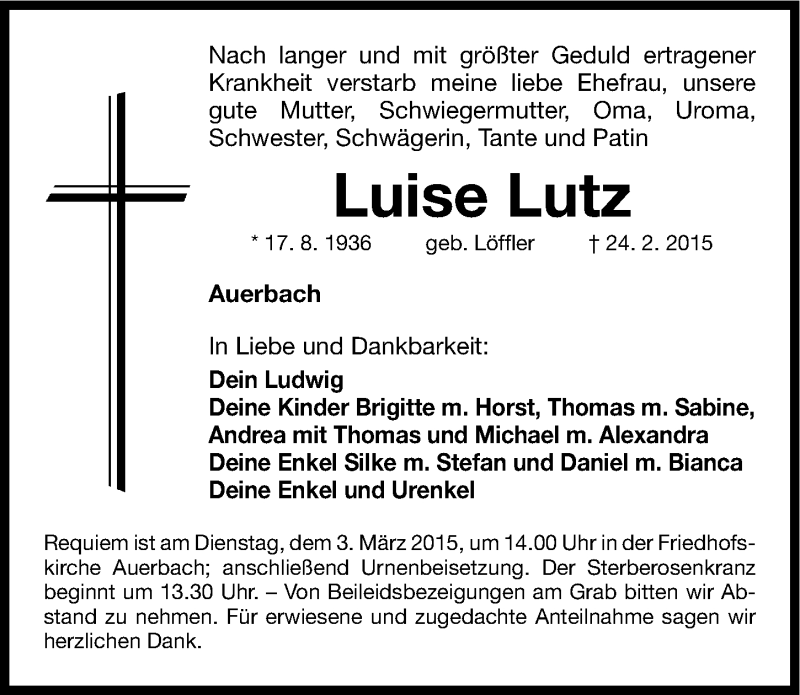  Traueranzeige für Luise Lutz vom 28.02.2015 aus Nordbayerische Nachrichten Pegnitz Lokal
