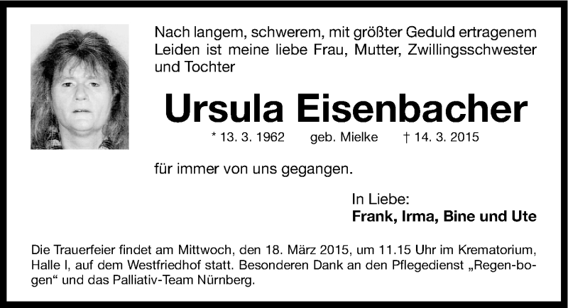  Traueranzeige für Ursula Eisenbacher vom 16.03.2015 aus Gesamtausgabe Nürnberger Nachrichten/ Nürnberger Ztg.