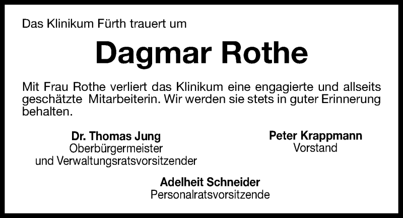  Traueranzeige für Dagmar Rothe vom 04.07.2015 aus Fürther Nachrichten Lokal