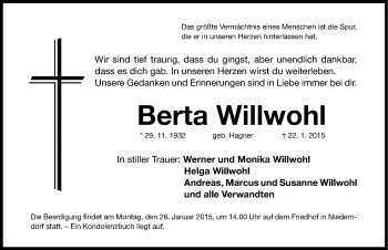 Traueranzeige von Berta Willwohl von Nordbayerische Nachrichten Herzogenaurach Lokal