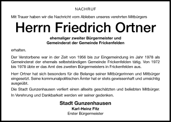 Traueranzeige von Friedrich Ortner von Altmühl-Bote Lokal