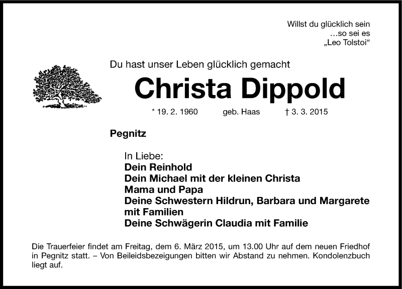  Traueranzeige für Christa Dippold vom 05.03.2015 aus Nordbayerische Nachrichten Pegnitz Lokal