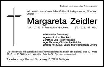Traueranzeige von Margareta Zeidler von Altmühl-Bote Lokal