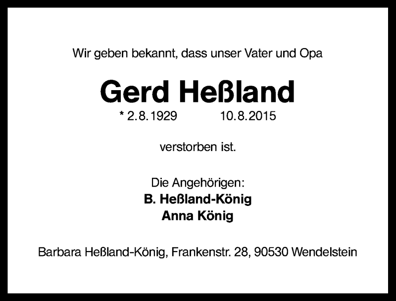 Traueranzeige für Gerd Heßland vom 12.08.2015 aus Schwabach