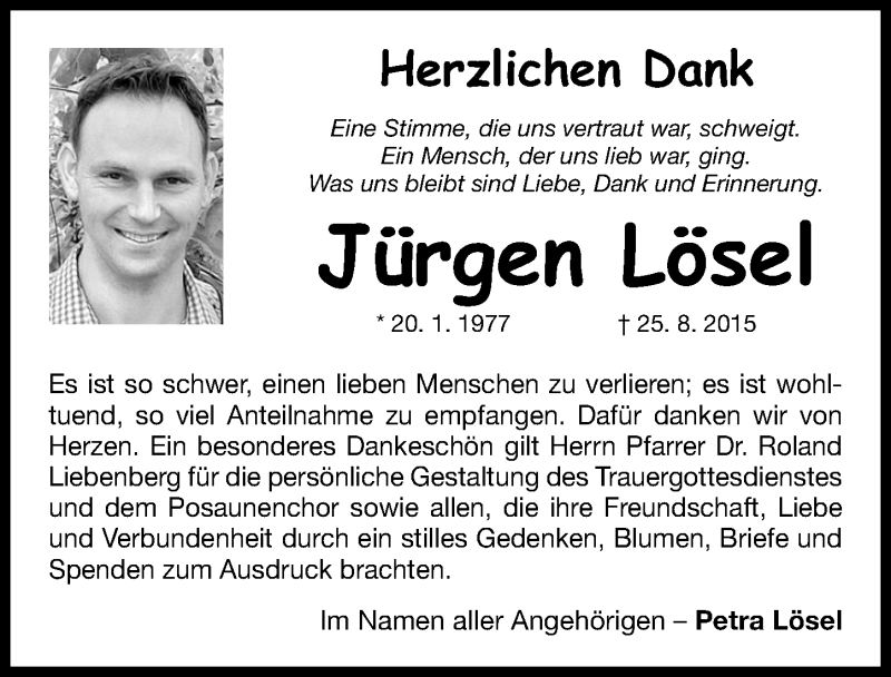  Traueranzeige für Jürgen Lösel vom 12.09.2015 aus Gesamtausgabe Nürnberger Nachrichten/ Nürnberger Ztg.