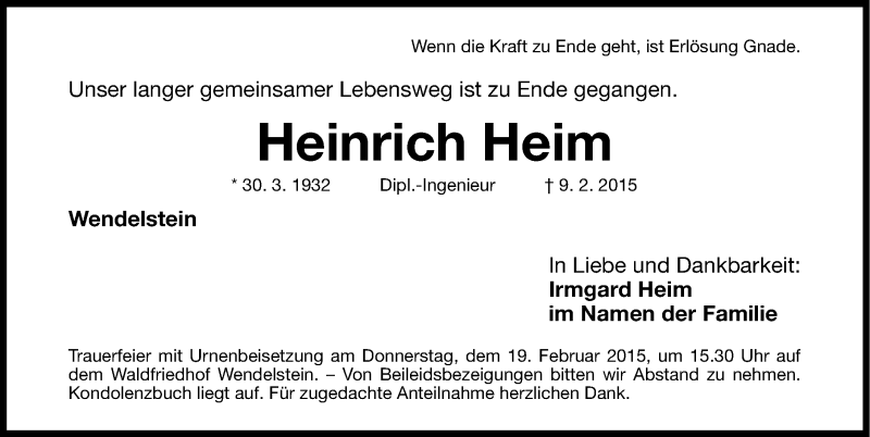  Traueranzeige für Heinrich Heim vom 17.02.2015 aus Gesamtausgabe Nürnberger Nachrichten/ Nürnberger Ztg.