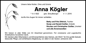 Traueranzeige von Anna Kögler von Schwabach