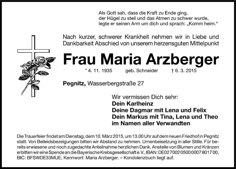  Traueranzeige für Maria Arzberger vom 09.03.2015 aus Nordbayerische Nachrichten Pegnitz Lokal