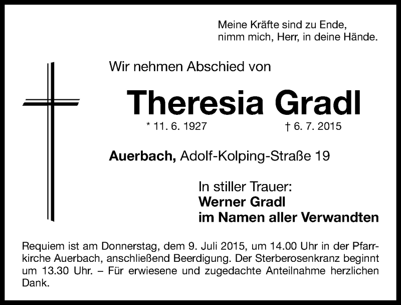  Traueranzeige für Theresia Gradl vom 08.07.2015 aus Nordbayerische Nachrichten Pegnitz Lokal