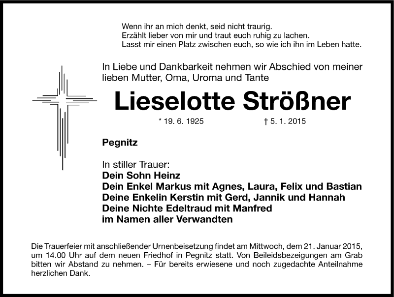  Traueranzeige für Lieselotte Strößner vom 17.01.2015 aus Nordbayerische Nachrichten Pegnitz Lokal