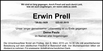 Traueranzeige von Erwin Prell von Erlanger Nachrichten Lokal