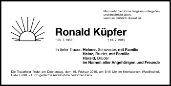 Traueranzeige von Ronald Küpfer von Gesamtausgabe Nürnberger Nachrichten/ Nürnberger Ztg.
