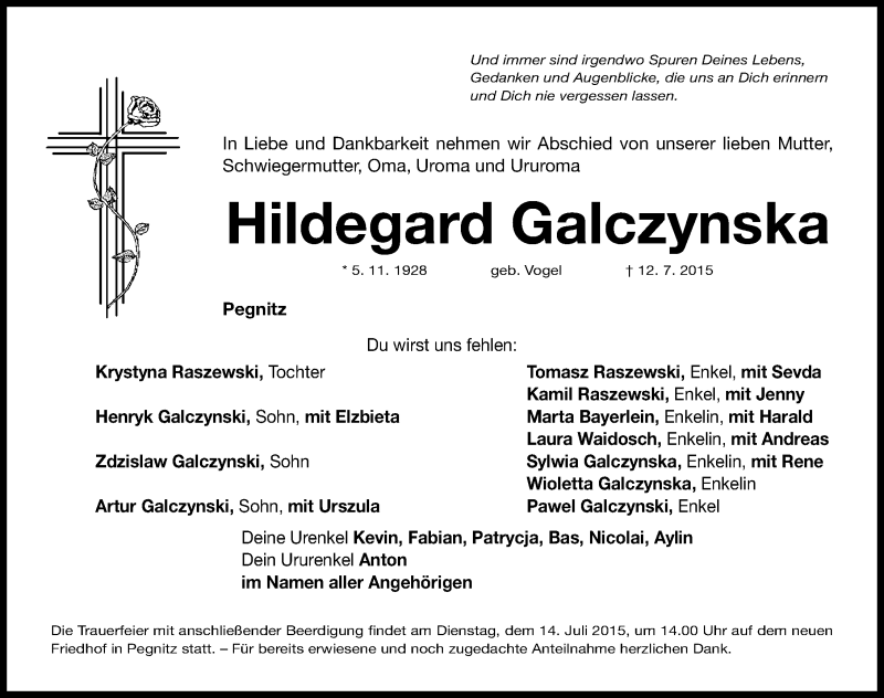  Traueranzeige für Hildegard Galczynska vom 13.07.2015 aus Nordbayerische Nachrichten Pegnitz Lokal