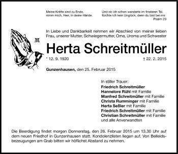 Traueranzeige von Herta Schreitmüller von Altmühl-Bote Lokal