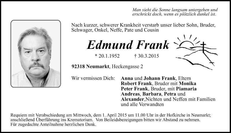  Traueranzeige für Edmund Frank vom 31.03.2015 aus Neumarkter Nachrichten Lokal