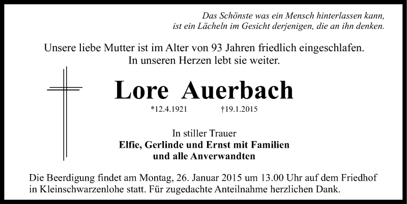  Traueranzeige für Lore Auerbach vom 22.01.2015 aus Gesamtausgabe Nürnberger Nachrichten/ Nürnberger Ztg.