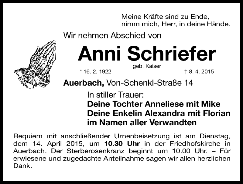  Traueranzeige für Anni Schriefer vom 11.04.2015 aus Nordbayerische Nachrichten Pegnitz Lokal