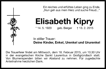 Traueranzeige von Elisabeth Kipry von Gesamtausgabe Nürnberger Nachrichten/ Nürnberger Ztg.