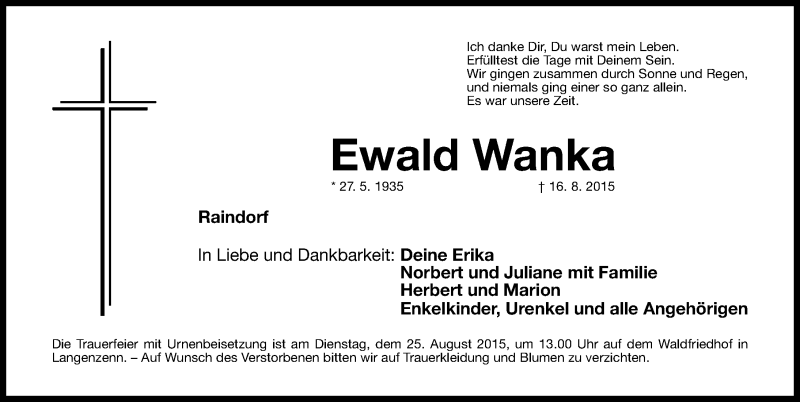  Traueranzeige für Ewald Wanka vom 21.08.2015 aus Fürther Nachrichten Lokal