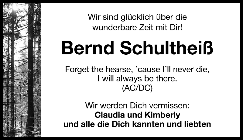  Traueranzeige für Bernd Schultheiß vom 14.11.2015 aus Roth-Hilpoltsteiner Volkszeitung Lokal