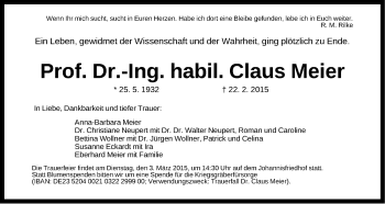 Traueranzeige von Claus Meier von Gesamtausgabe Nürnberger Nachrichten/ Nürnberger Ztg.