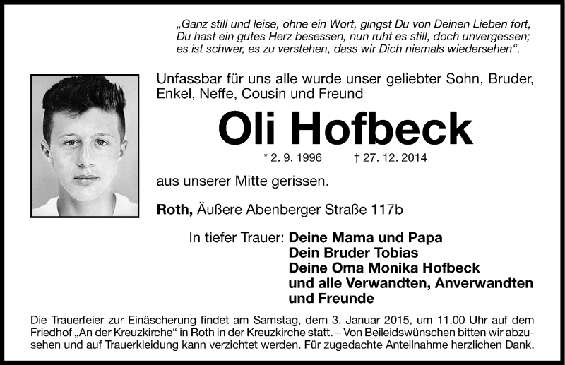  Traueranzeige für Oli Hofbeck vom 02.01.2015 aus Roth-Hilpoltsteiner Volkszeitung Lokal