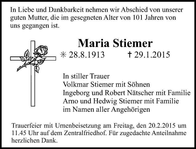  Traueranzeige für Maria Stiemer vom 18.02.2015 aus Erlanger Nachrichten Lokal