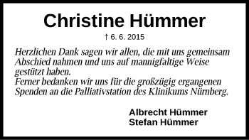 Traueranzeige von Christine Hümmer von Gesamtausgabe Nürnberger Nachrichten/ Nürnberger Ztg.
