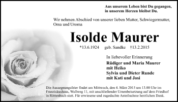 Traueranzeige von Isolde Maurer von Nordbayerische Nachrichten Herzogenaurach Lokal