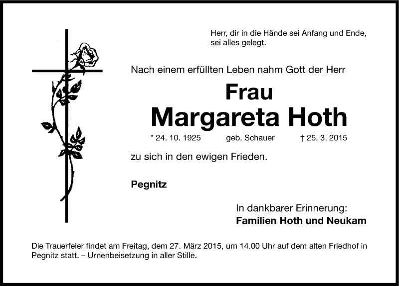  Traueranzeige für Margareta Hoth vom 26.03.2015 aus Nordbayerische Nachrichten Pegnitz Lokal
