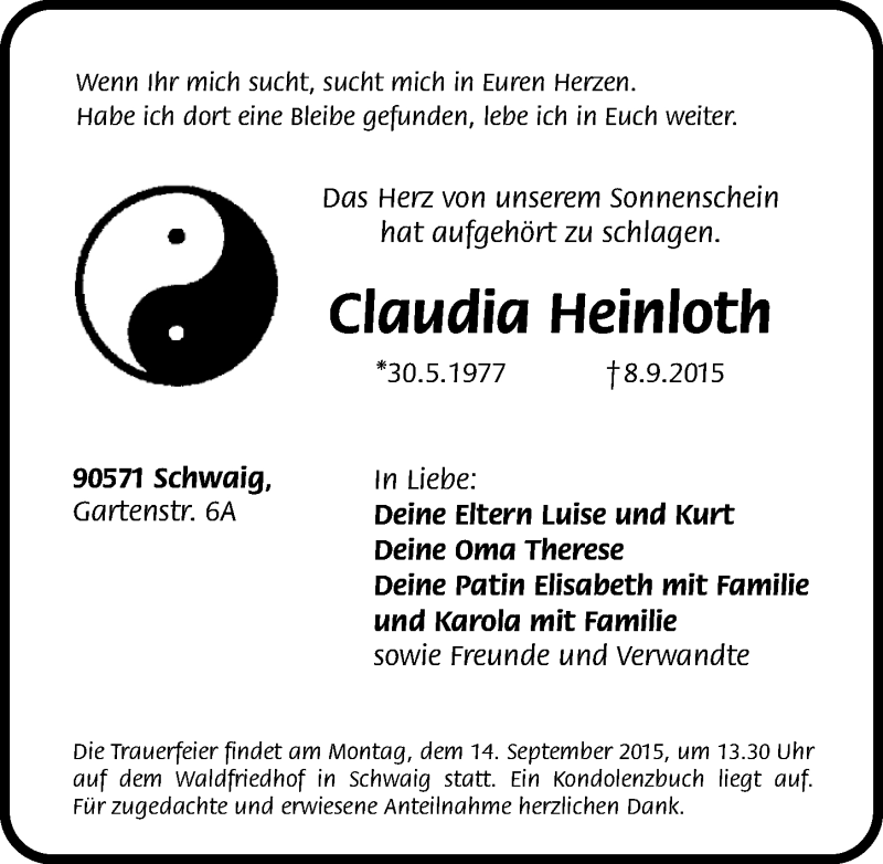  Traueranzeige für Claudia Heinloth vom 12.09.2015 aus Gesamtausgabe Nürnberger Nachrichten/ Nürnberger Ztg.