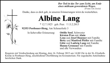 Traueranzeige von Albine Lang von HRHV,HNM