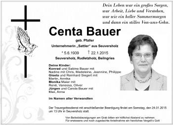 Traueranzeige von Centa Bauer von Roth-Hilpoltsteiner Volkszeitung Lokal