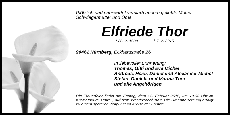  Traueranzeige für Elfriede Thor vom 11.02.2015 aus Gesamtausgabe Nürnberger Nachrichten/ Nürnberger Ztg.